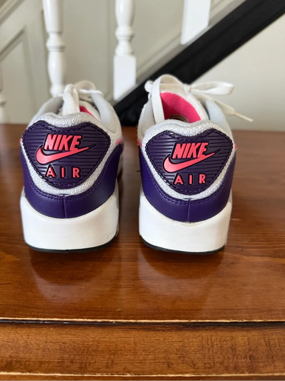 Nike White Sneakers with Purple Trim and Pink Swoosh
